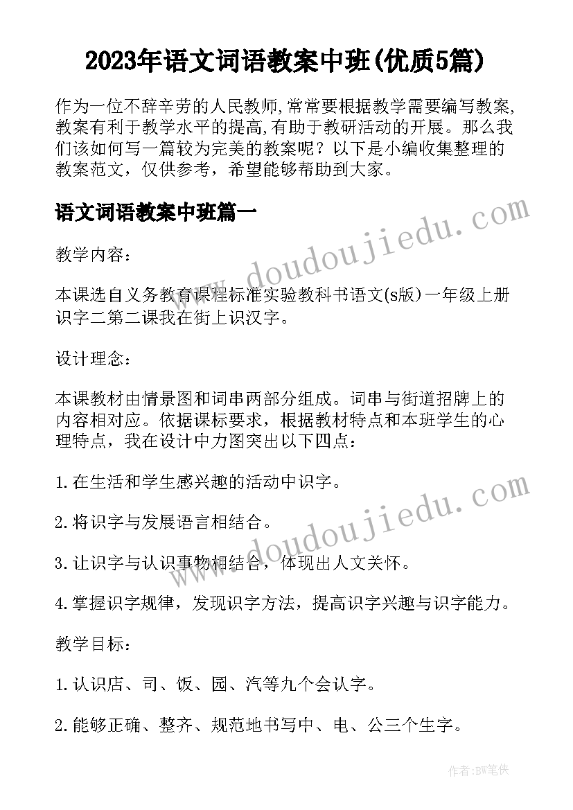 2023年语文词语教案中班(优质5篇)