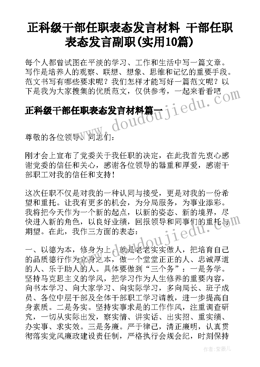 正科级干部任职表态发言材料 干部任职表态发言副职(实用10篇)