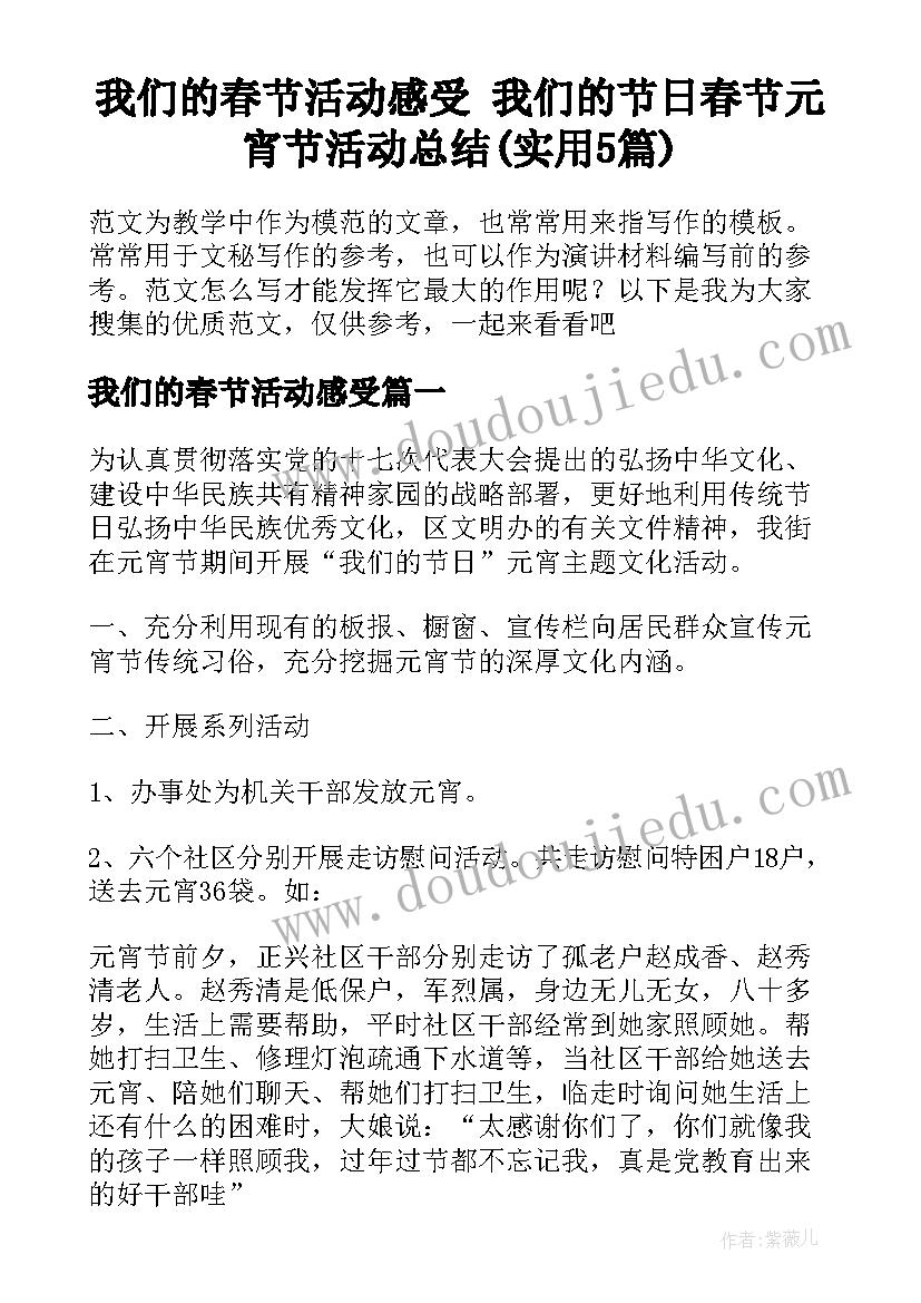 我们的春节活动感受 我们的节日春节元宵节活动总结(实用5篇)