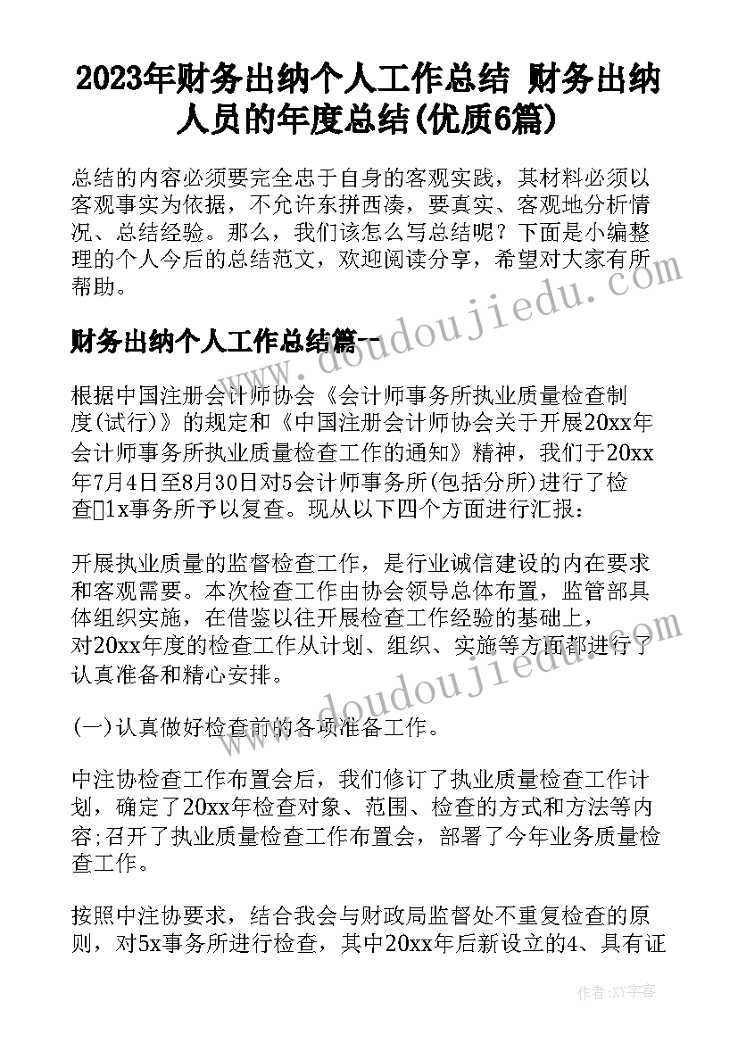 2023年财务出纳个人工作总结 财务出纳人员的年度总结(优质6篇)