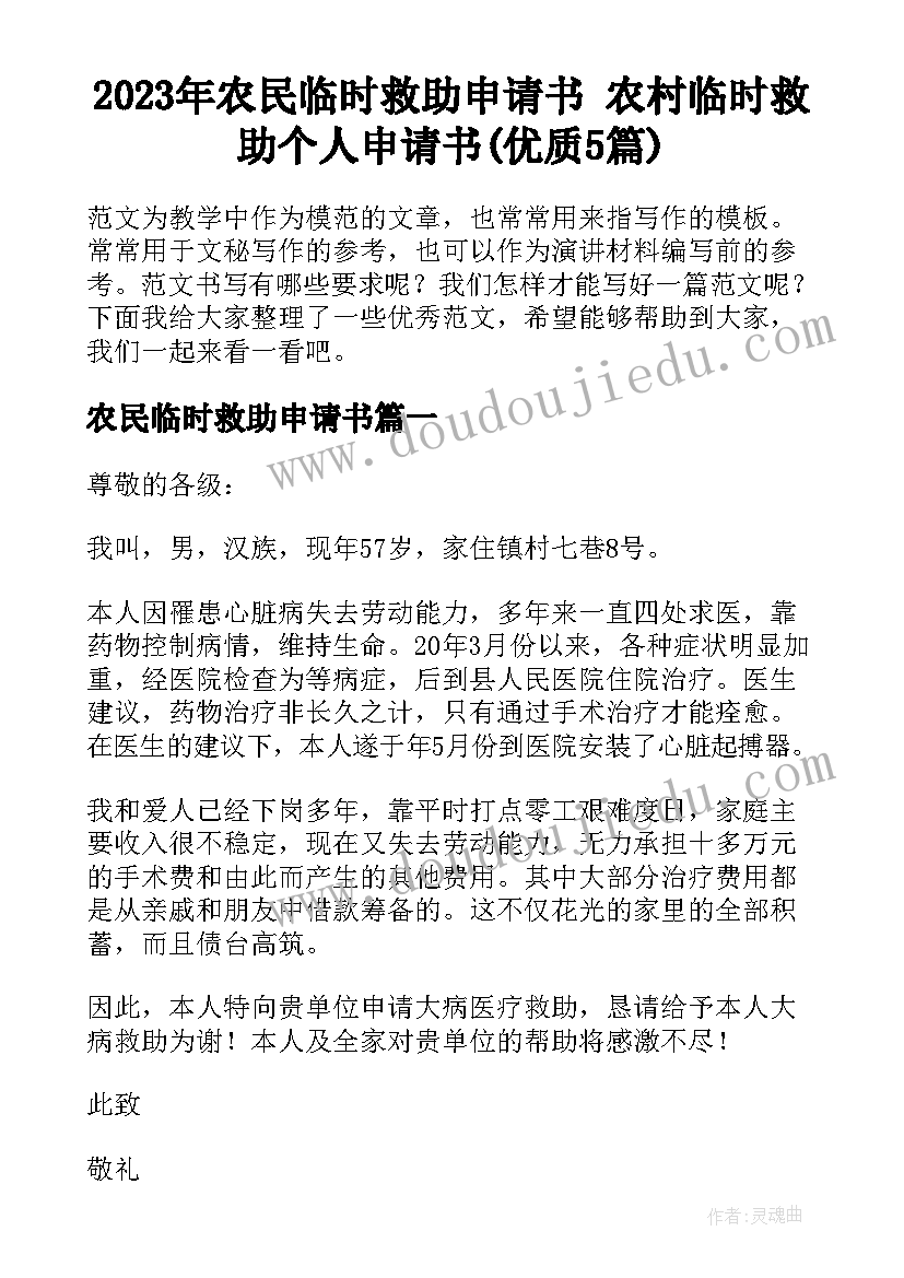 2023年农民临时救助申请书 农村临时救助个人申请书(优质5篇)