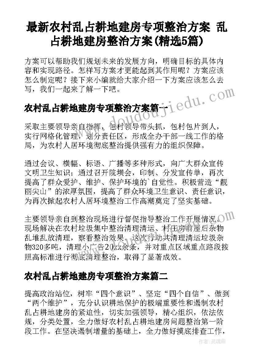 最新农村乱占耕地建房专项整治方案 乱占耕地建房整治方案(精选5篇)