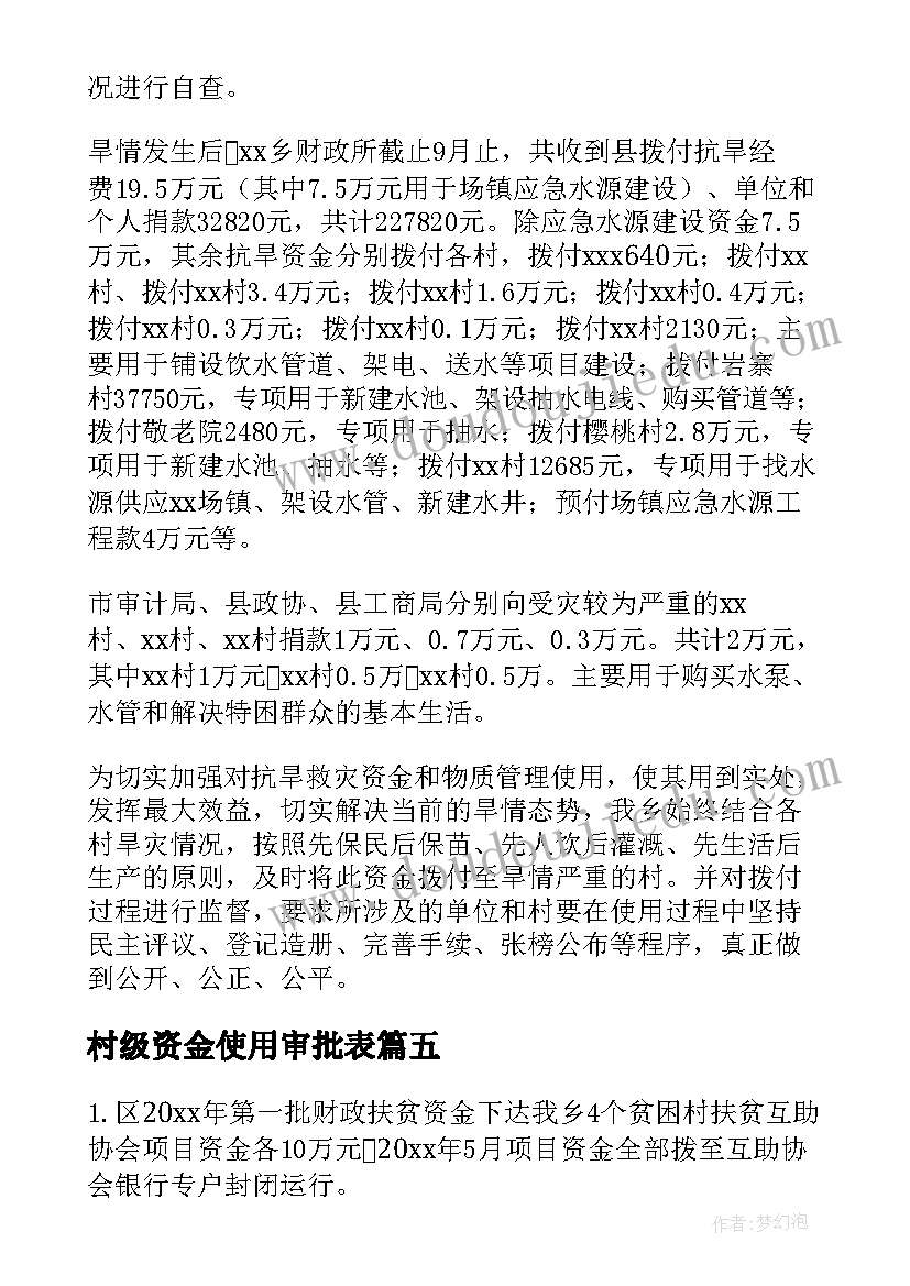 最新村级资金使用审批表 资金使用情况自查报告(优秀6篇)