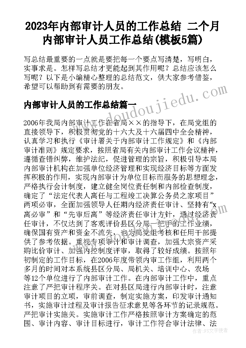 2023年内部审计人员的工作总结 二个月内部审计人员工作总结(模板5篇)