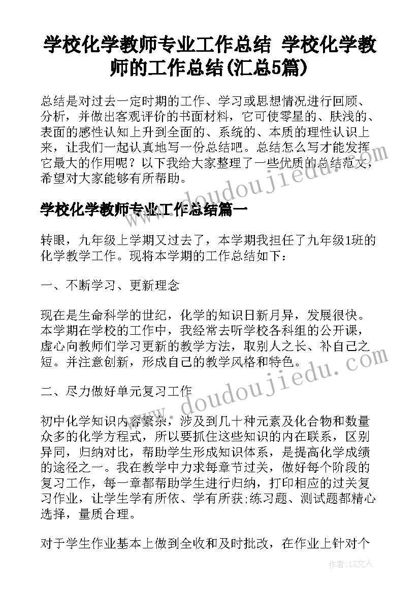 学校化学教师专业工作总结 学校化学教师的工作总结(汇总5篇)