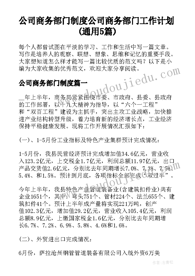 公司商务部门制度 公司商务部门工作计划(通用5篇)