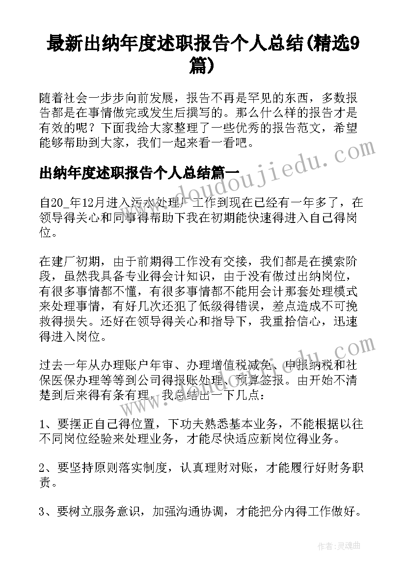 最新出纳年度述职报告个人总结(精选9篇)