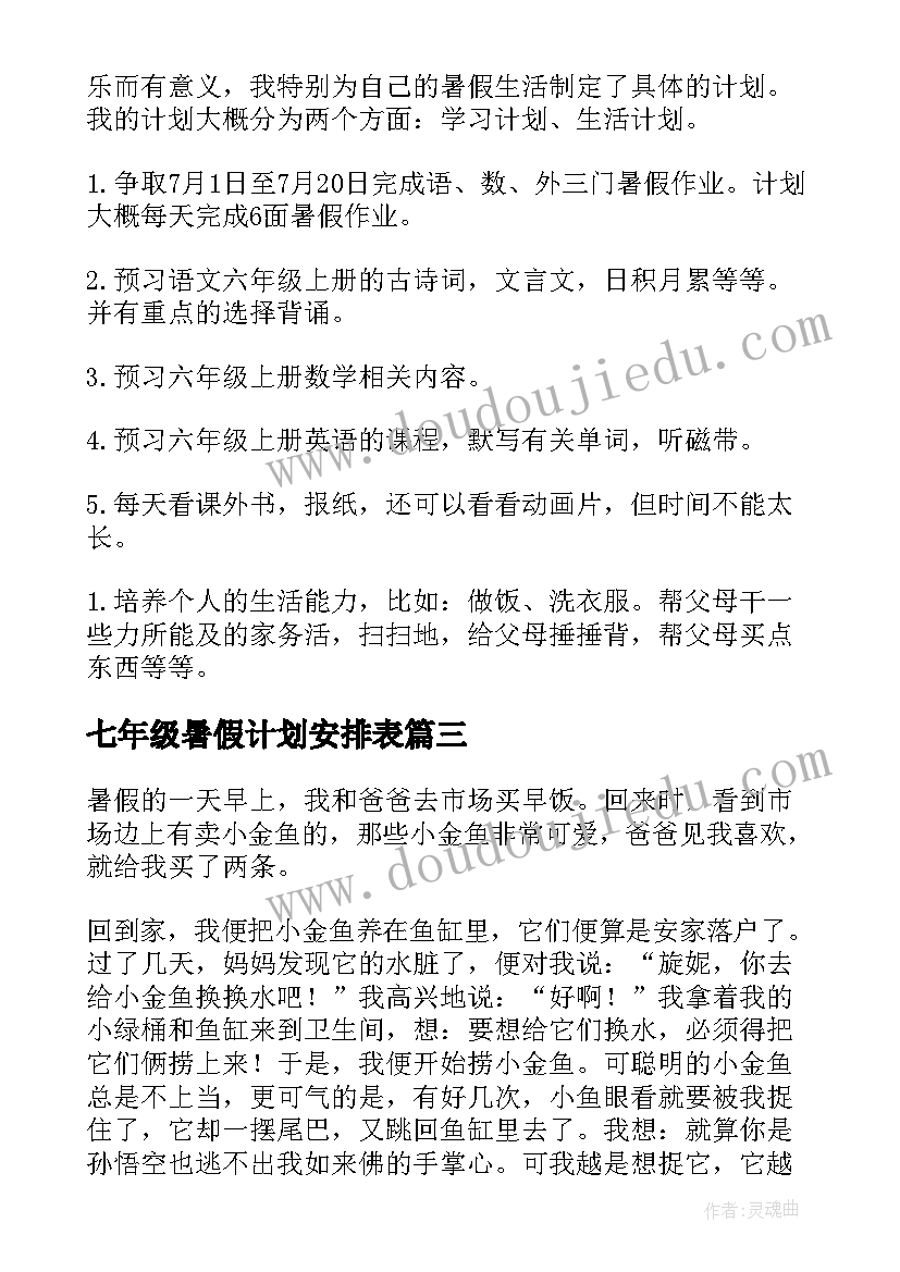 最新七年级暑假计划安排表(汇总5篇)