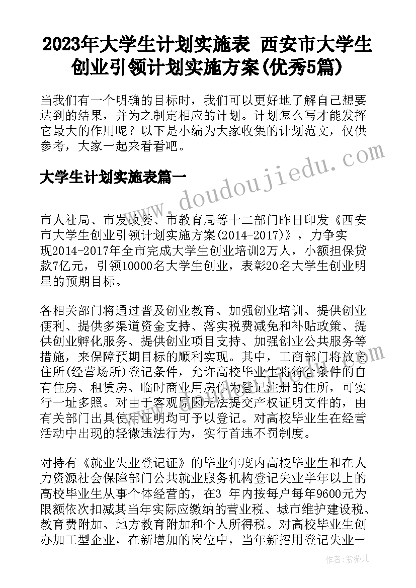 2023年大学生计划实施表 西安市大学生创业引领计划实施方案(优秀5篇)