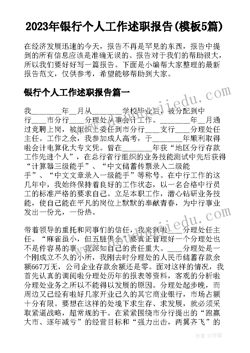 2023年银行个人工作述职报告(模板5篇)