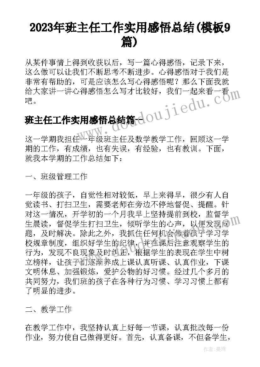 2023年班主任工作实用感悟总结(模板9篇)