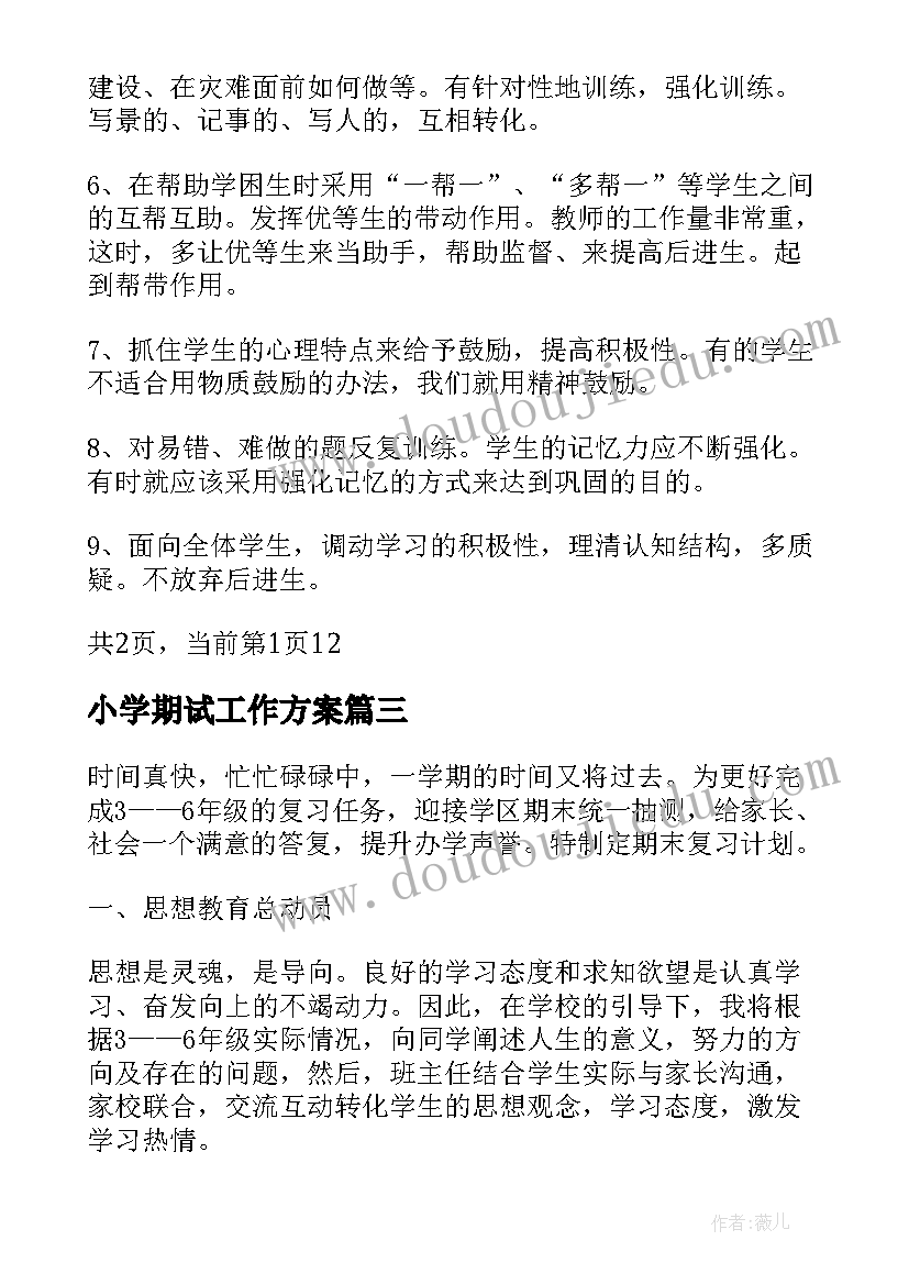 2023年小学期试工作方案(优质9篇)