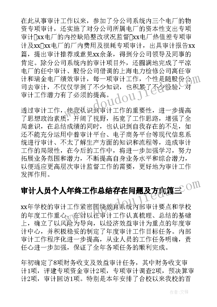 审计人员个人年终工作总结存在问题及方向(大全5篇)