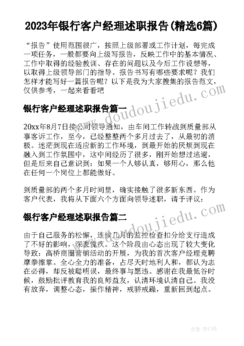 2023年银行客户经理述职报告(精选6篇)