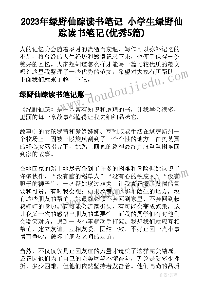 2023年绿野仙踪读书笔记 小学生绿野仙踪读书笔记(优秀5篇)