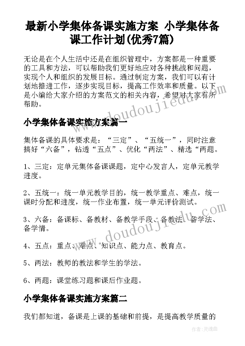 最新小学集体备课实施方案 小学集体备课工作计划(优秀7篇)