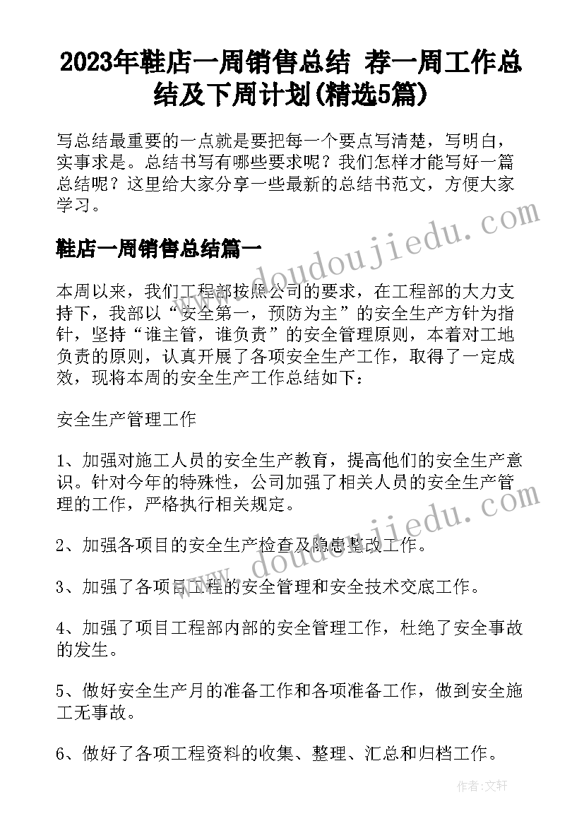 2023年鞋店一周销售总结 荐一周工作总结及下周计划(精选5篇)