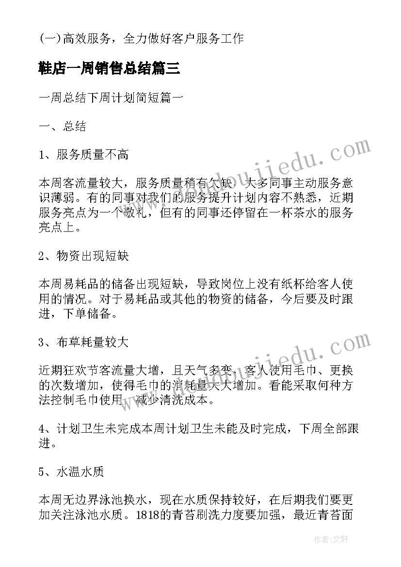 2023年鞋店一周销售总结 荐一周工作总结及下周计划(精选5篇)