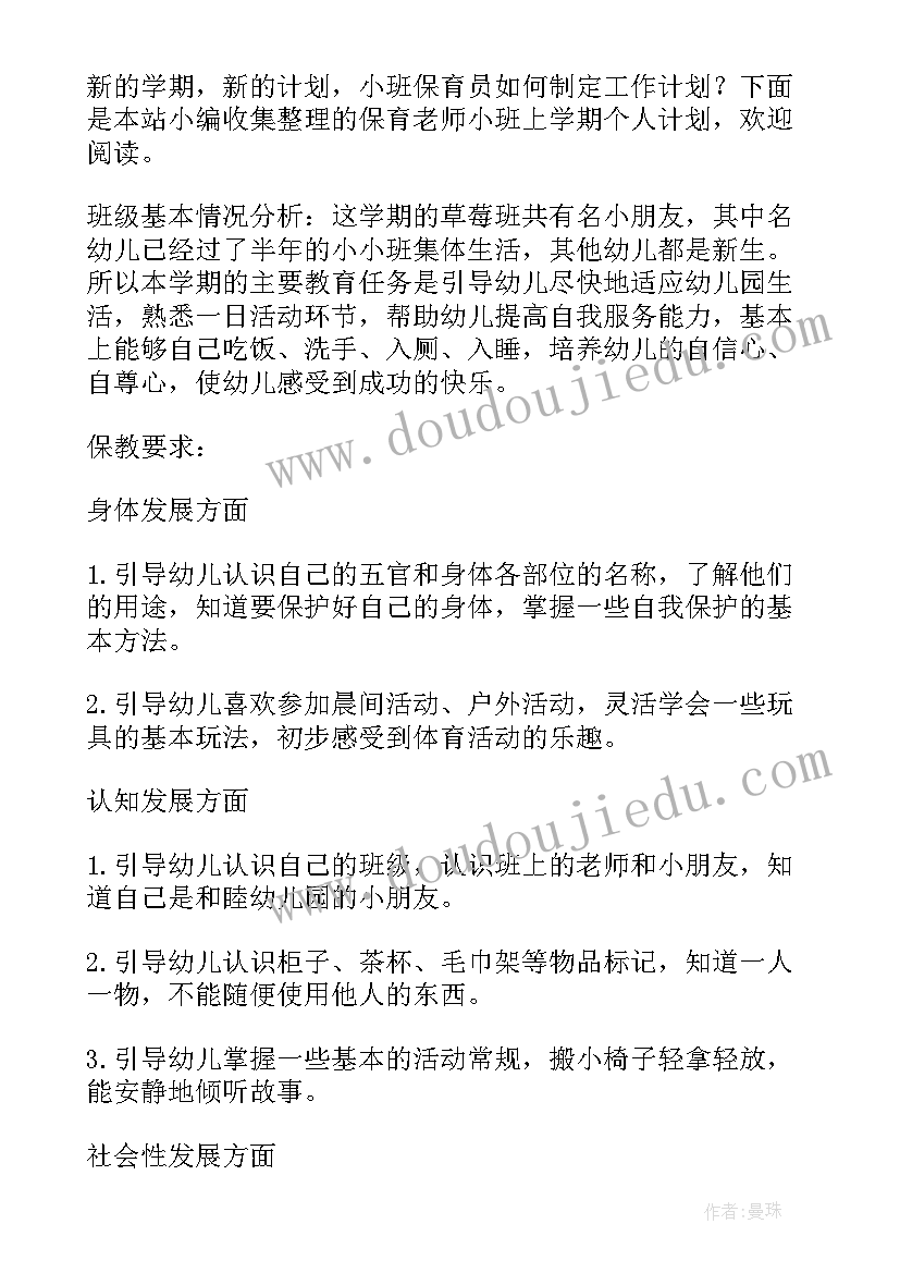 最新幼儿园小班保育老师计划(精选5篇)