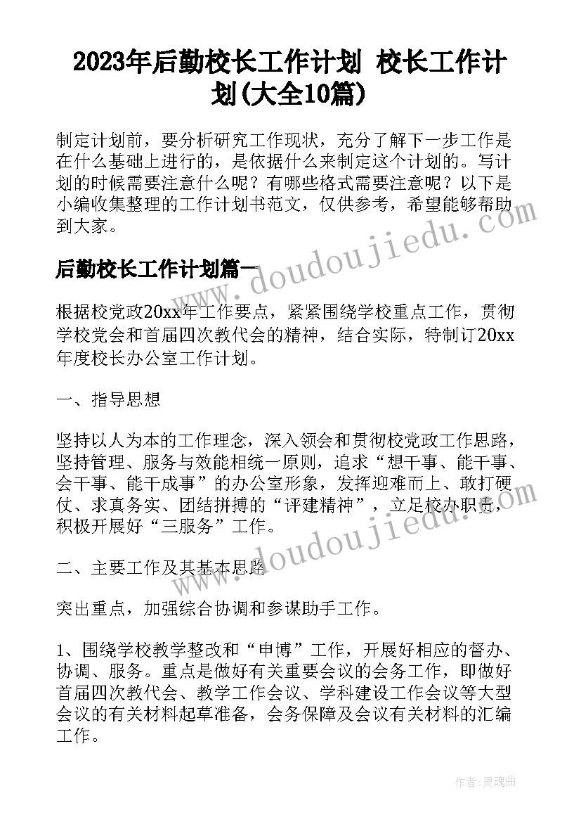 2023年后勤校长工作计划 校长工作计划(大全10篇)