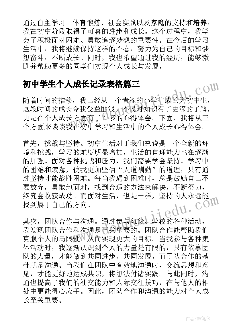 2023年初中学生个人成长记录表格 初中学生个人成长心得体会(优质5篇)