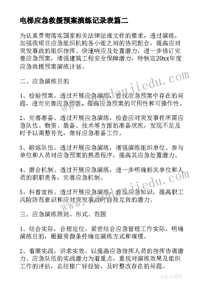 2023年电梯应急救援预案演练记录表(通用8篇)