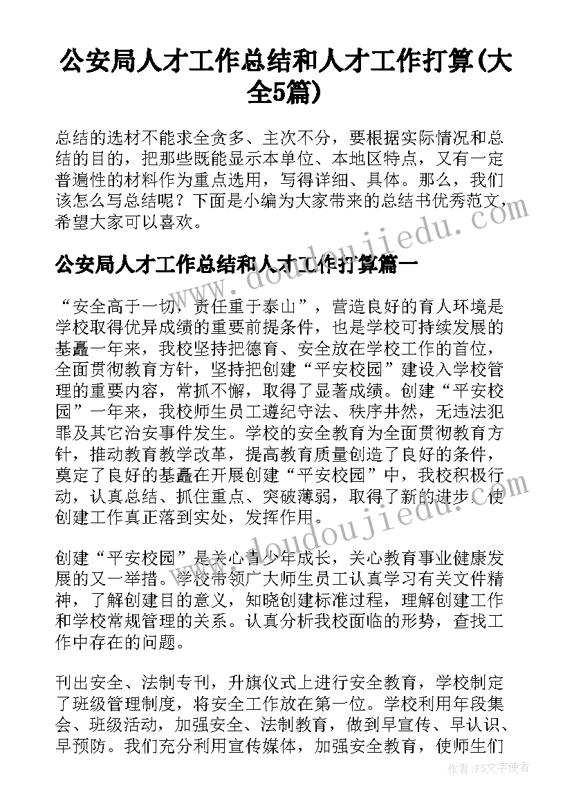 公安局人才工作总结和人才工作打算(大全5篇)