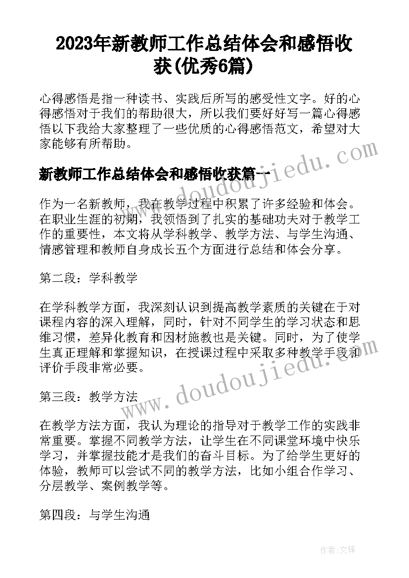 2023年新教师工作总结体会和感悟收获(优秀6篇)