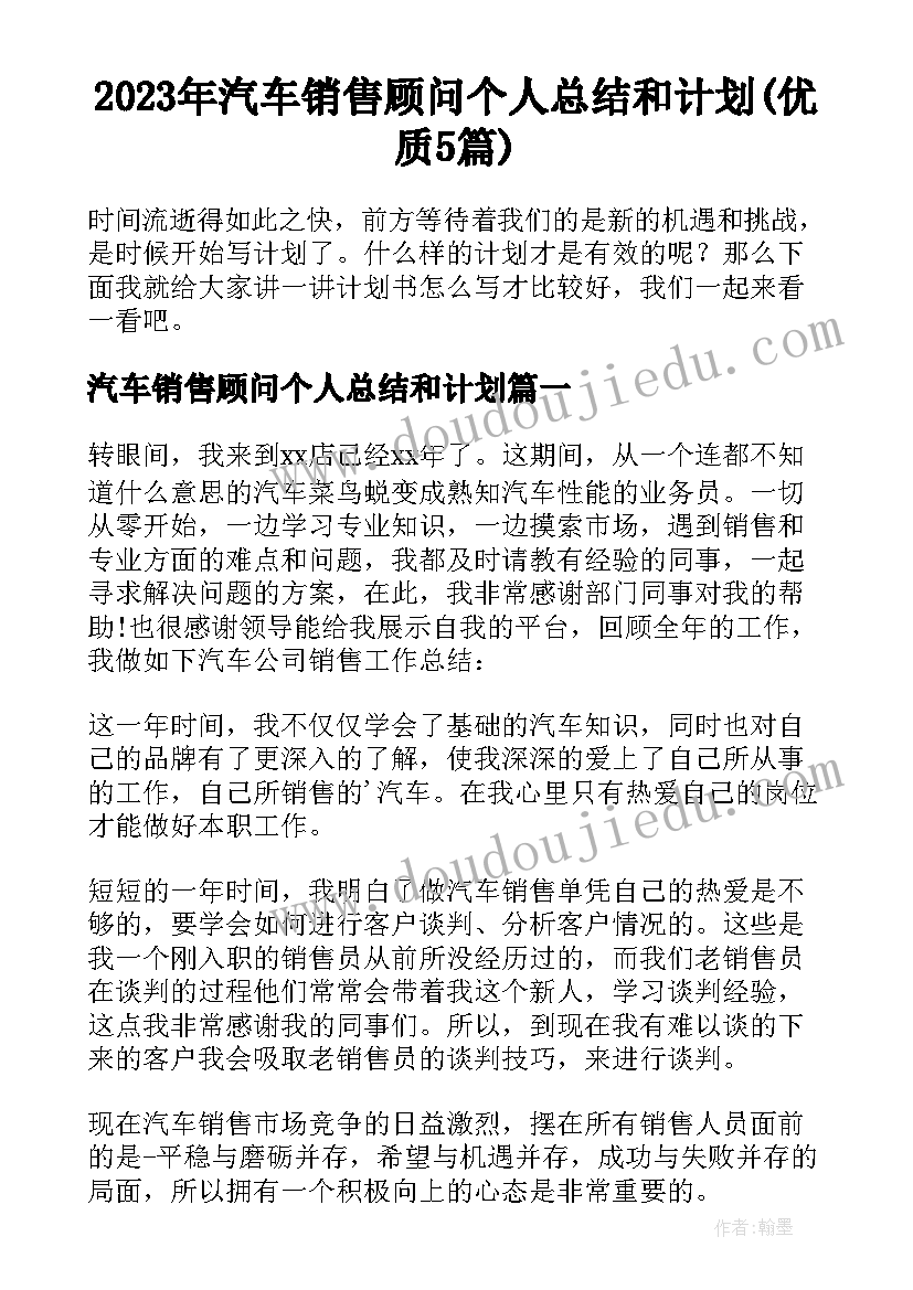 2023年汽车销售顾问个人总结和计划(优质5篇)