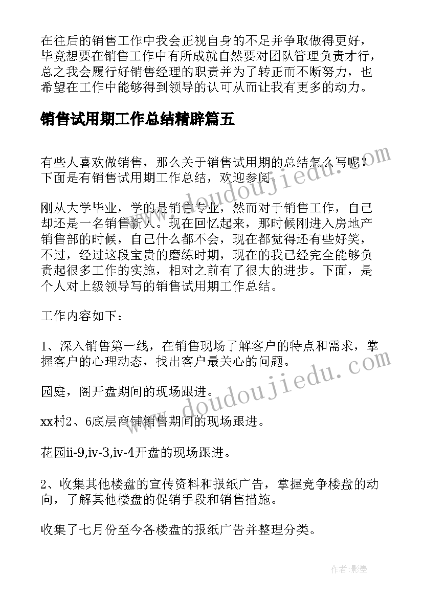 销售试用期工作总结精辟 销售试用期工作总结(大全9篇)