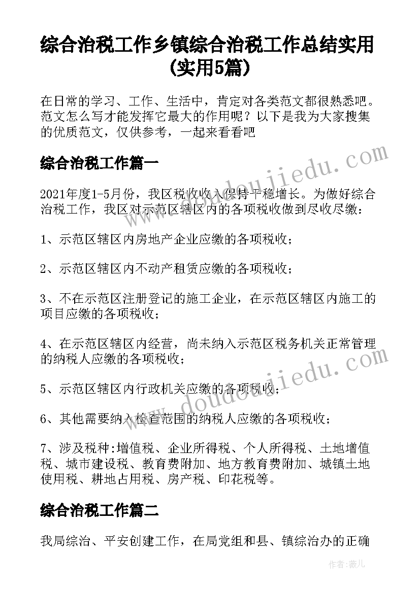 综合治税工作 乡镇综合治税工作总结实用(实用5篇)