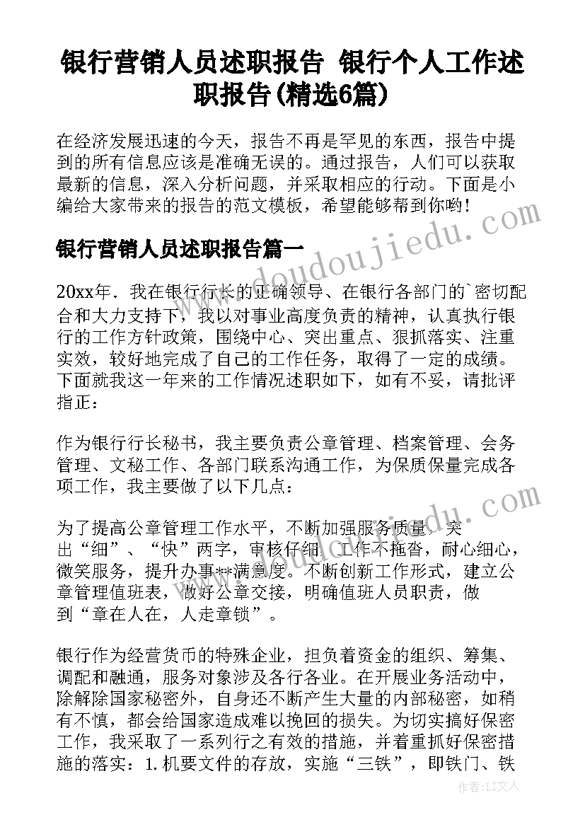 银行营销人员述职报告 银行个人工作述职报告(精选6篇)