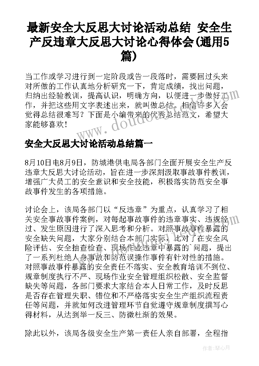 最新安全大反思大讨论活动总结 安全生产反违章大反思大讨论心得体会(通用5篇)