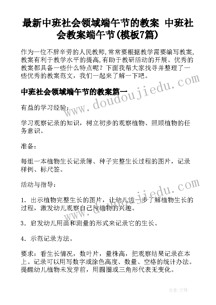 最新中班社会领域端午节的教案 中班社会教案端午节(模板7篇)