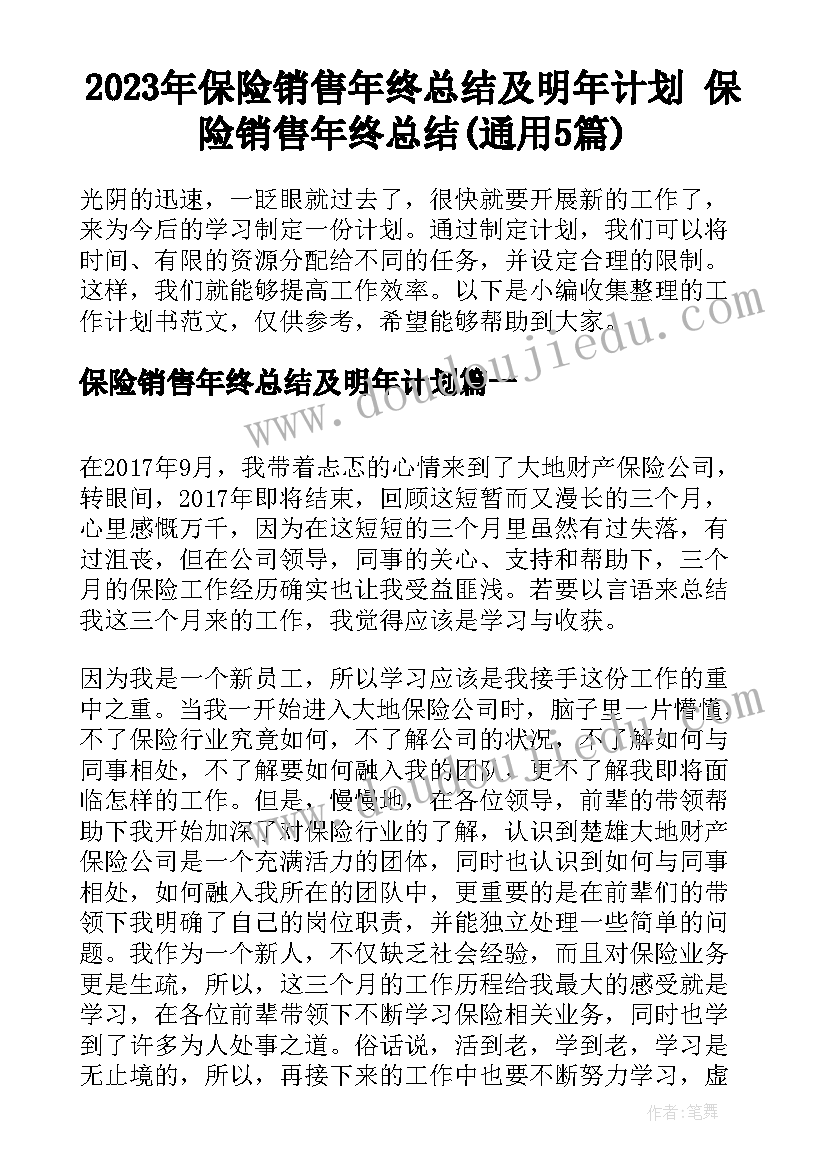 2023年保险销售年终总结及明年计划 保险销售年终总结(通用5篇)