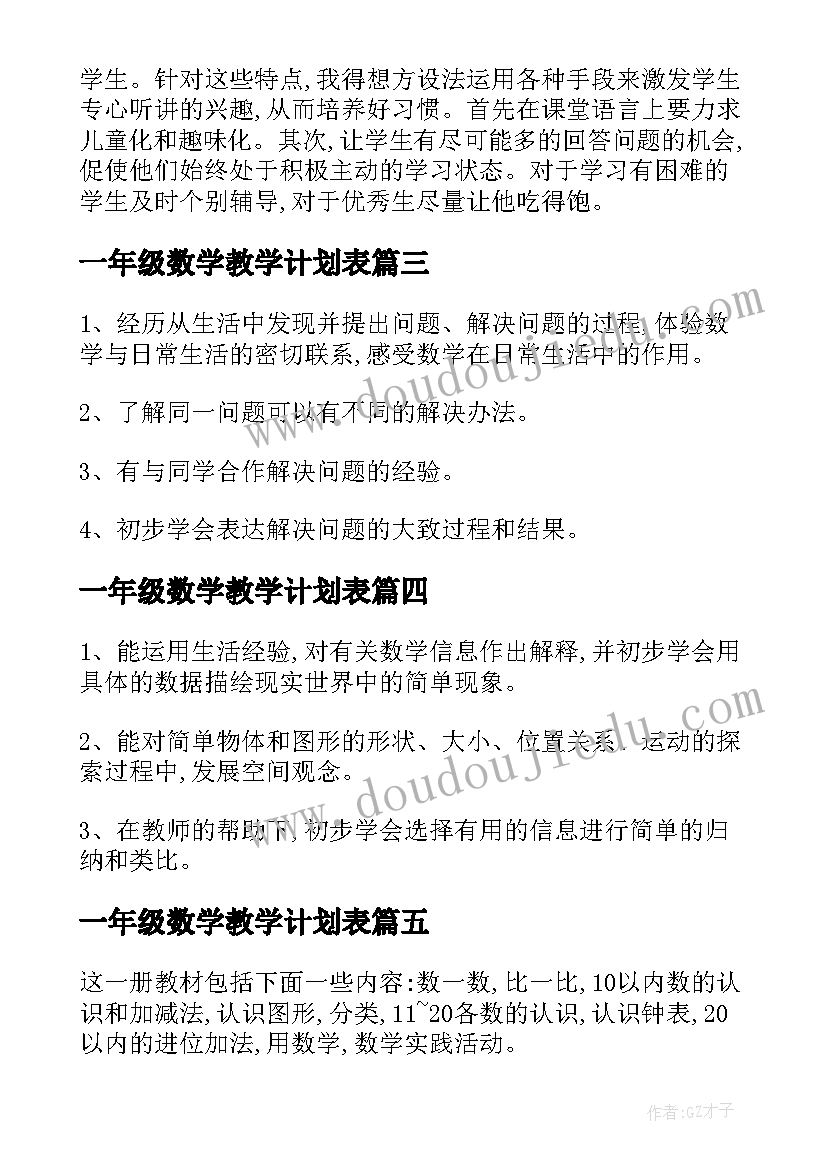 2023年一年级数学教学计划表(实用5篇)