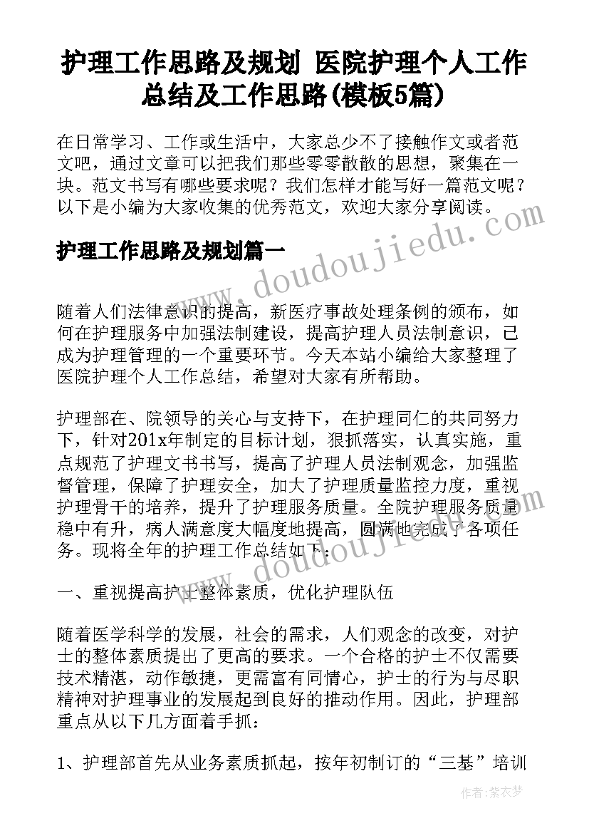 护理工作思路及规划 医院护理个人工作总结及工作思路(模板5篇)