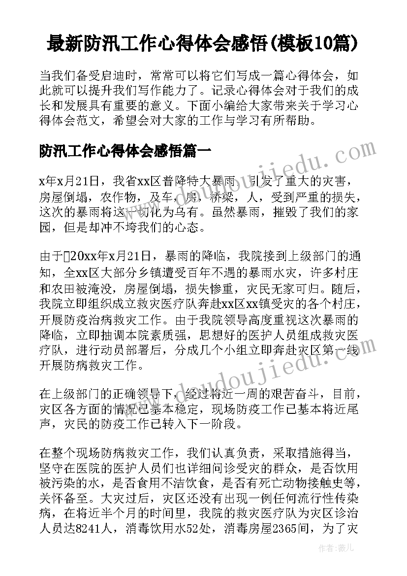 最新防汛工作心得体会感悟(模板10篇)