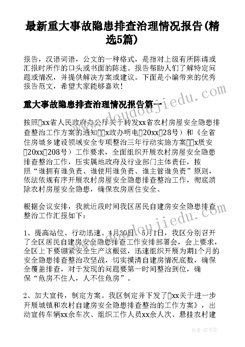 最新重大事故隐患排查治理情况报告(精选5篇)