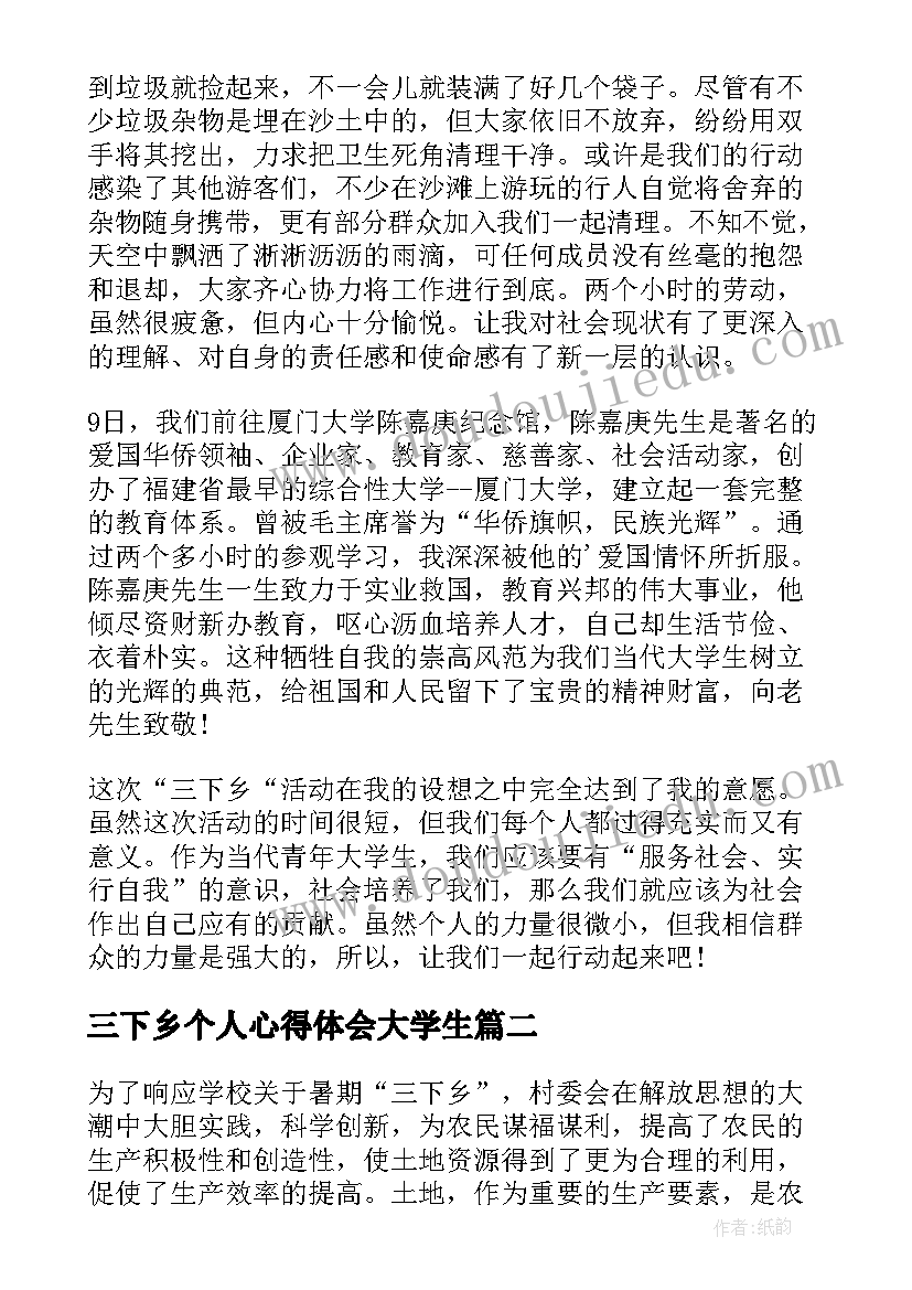 三下乡个人心得体会大学生(优秀5篇)