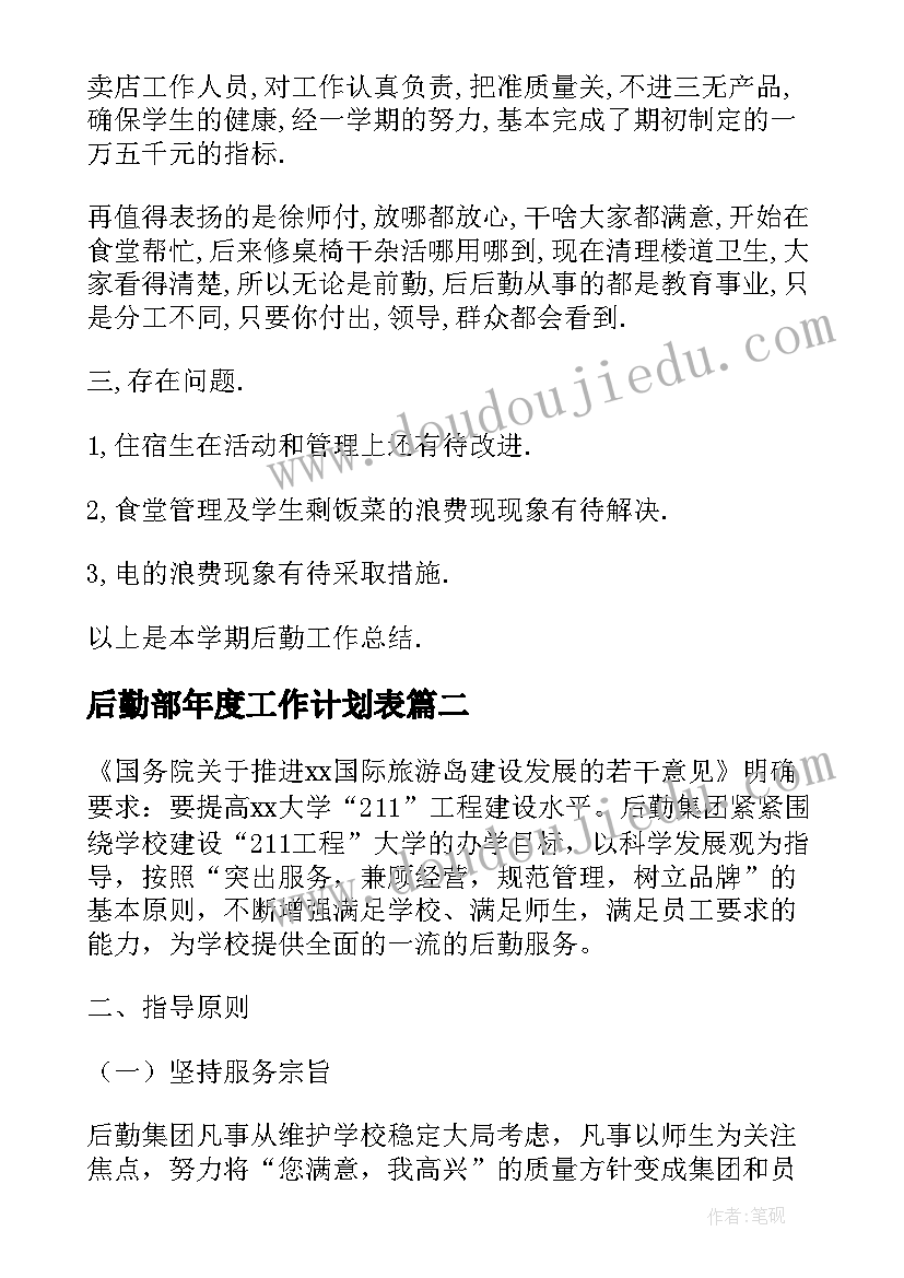 后勤部年度工作计划表(通用5篇)