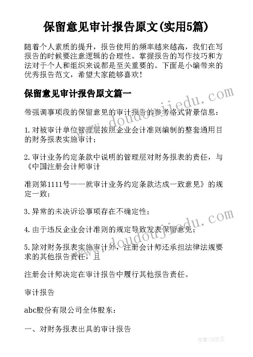 保留意见审计报告原文(实用5篇)