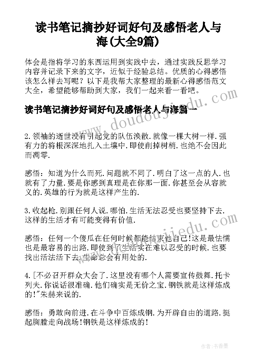 读书笔记摘抄好词好句及感悟老人与海(大全9篇)