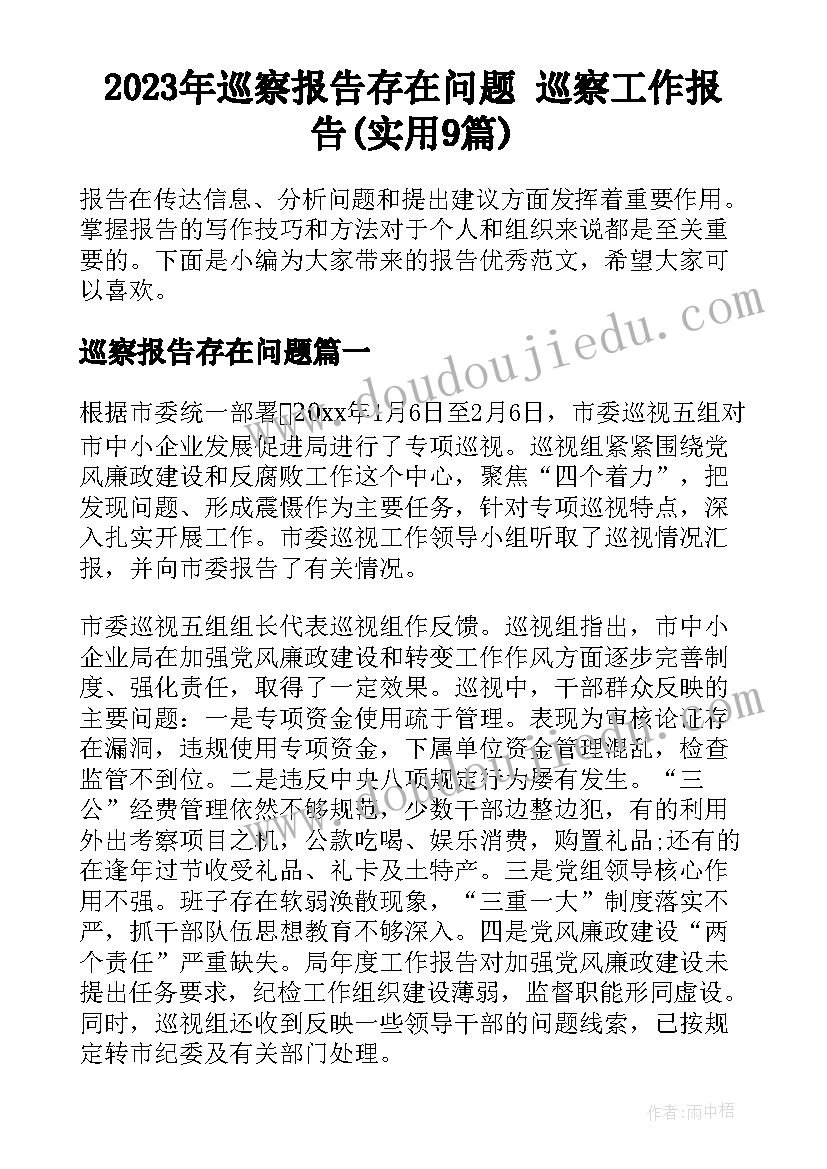 2023年巡察报告存在问题 巡察工作报告(实用9篇)