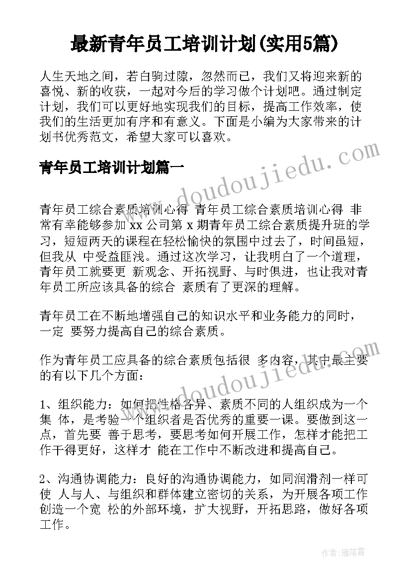 最新青年员工培训计划(实用5篇)