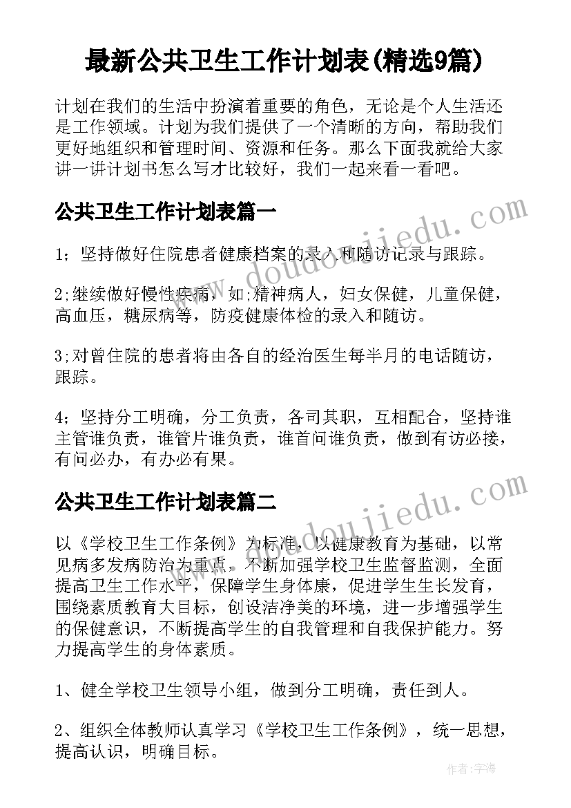 最新公共卫生工作计划表(精选9篇)