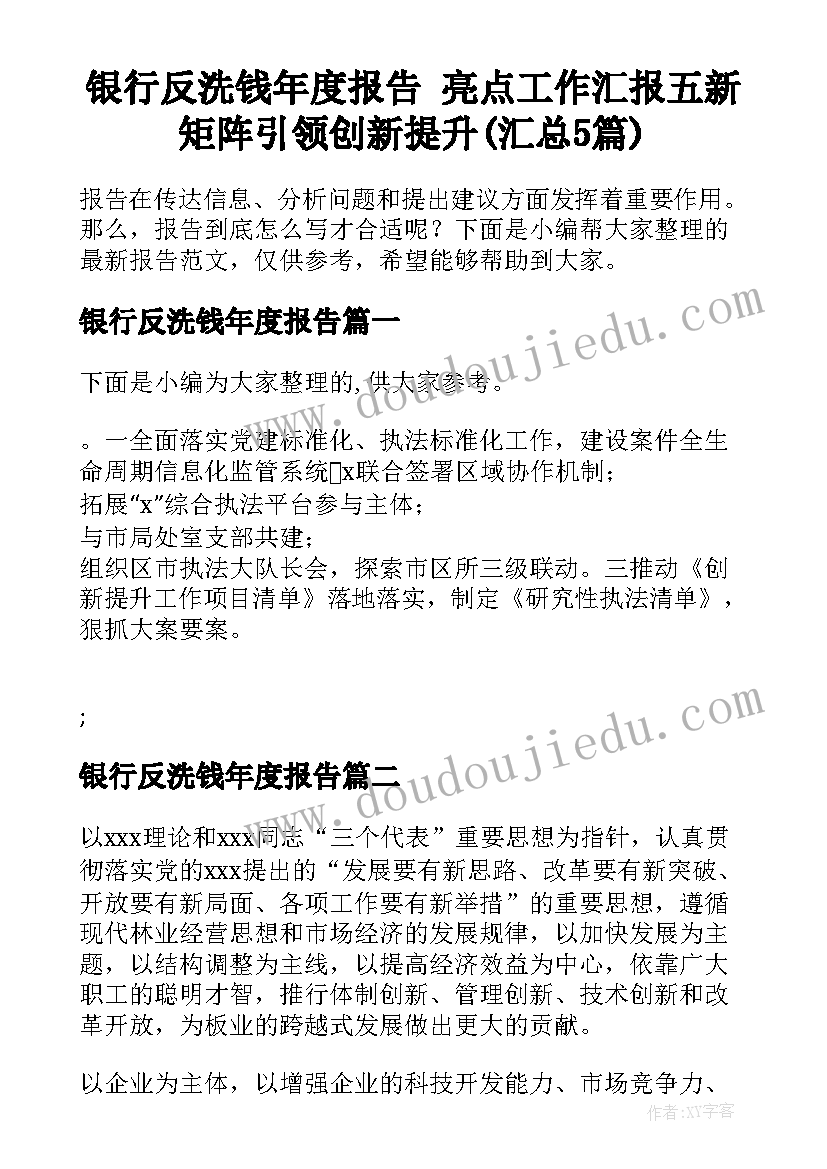 银行反洗钱年度报告 亮点工作汇报五新矩阵引领创新提升(汇总5篇)