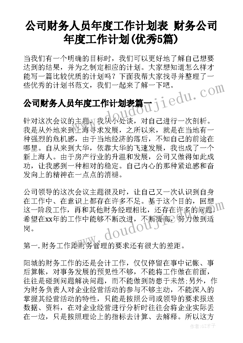 公司财务人员年度工作计划表 财务公司年度工作计划(优秀5篇)