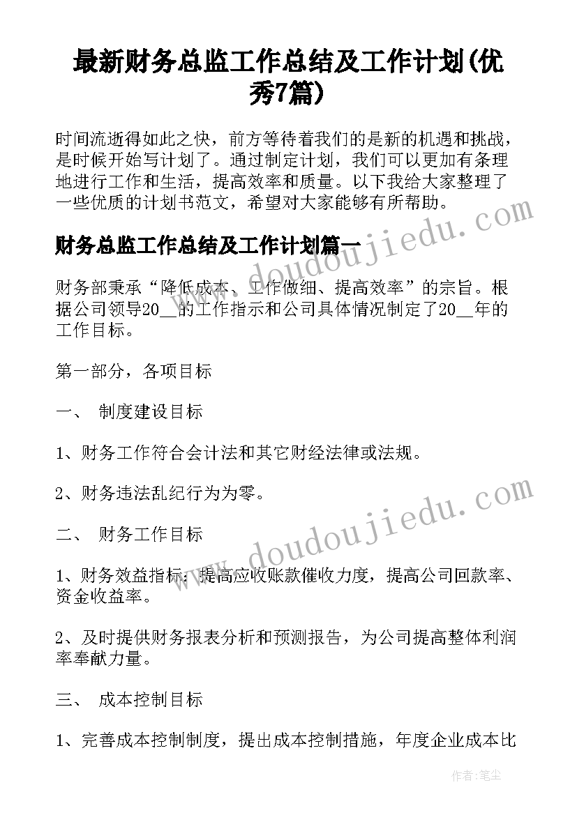 最新财务总监工作总结及工作计划(优秀7篇)