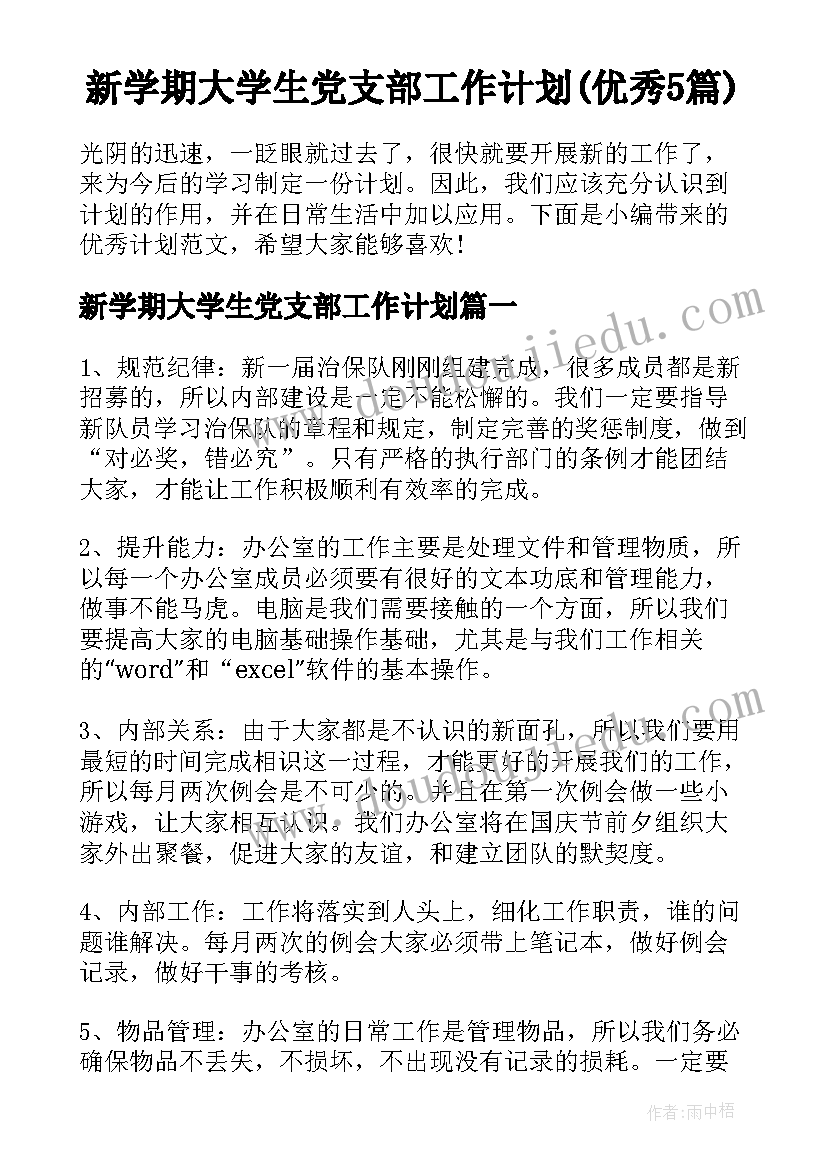 新学期大学生党支部工作计划(优秀5篇)